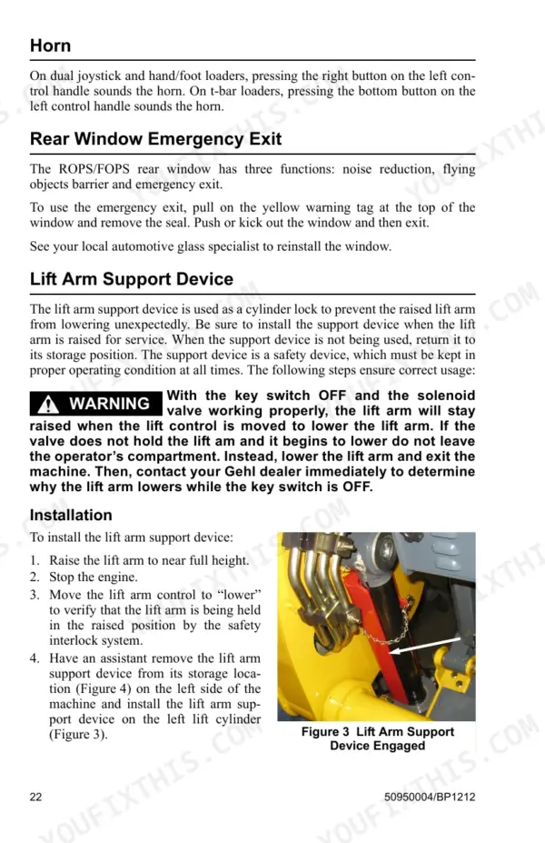 Gehl V400 manual page showing horn, rear window emergency exit, and lift arm support device installation steps.