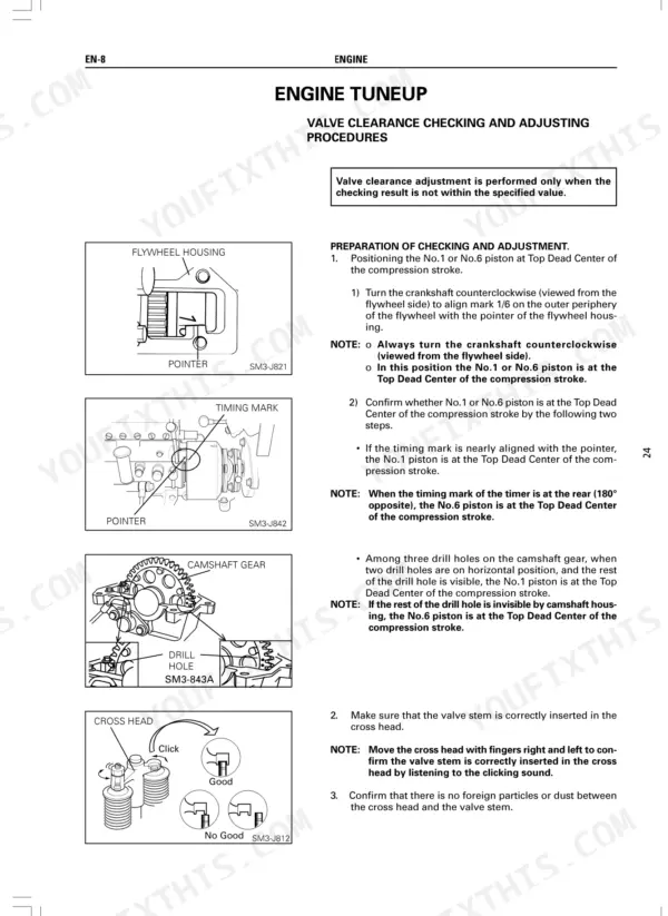 Hino J08C-TI engine valve clearance checking and adjusting procedures, including flywheel and camshaft gear timing diagrams.