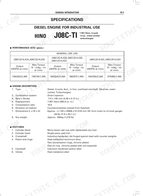Hino J08C-TI engine specifications table, performance data, engine description, and component features list.