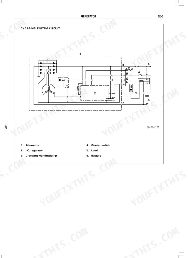 Hino J08C-TI charging system circuit wiring diagram showing alternator, I.C. regulator, battery, and starter switch components.