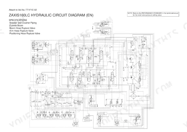Hitachi Zaxis 160LC, 180LC, 180LCN hydraulic circuit diagram for breaker, crusher, and boom rupture valves.