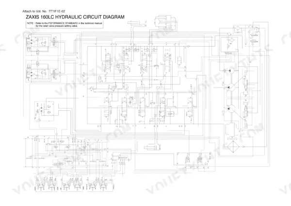 Hitachi Zaxis 160LC, 180LC, 180LCN hydraulic circuit diagram showing pumps, valves, and cylinders.