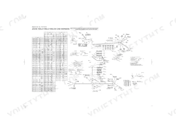 Hitachi Zaxis 160LC, 180LC, 180LCN cab harness wiring diagram and circuit connection table.