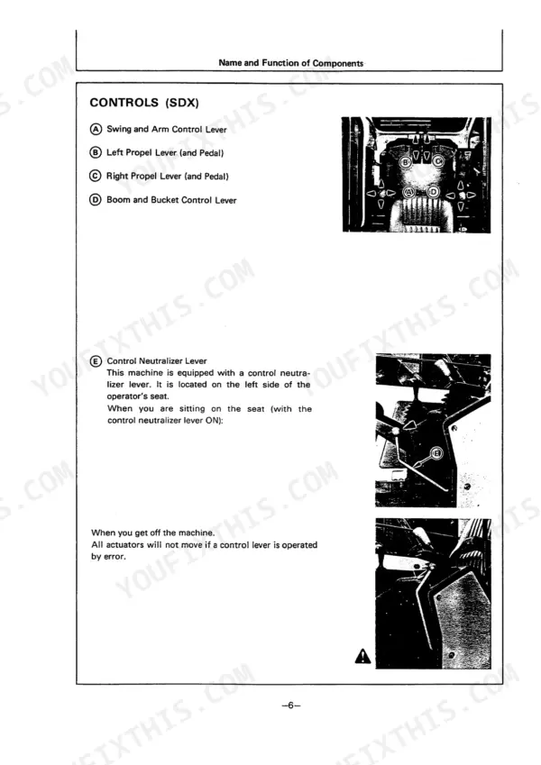 hitachi-ex120-hydraulic-excavator-operator-manual-em12h-1-4-controls-12.webp Hitachi EX120 operator controls diagram showing swing, propel, boom, bucket levers and control neutralizer lever location.