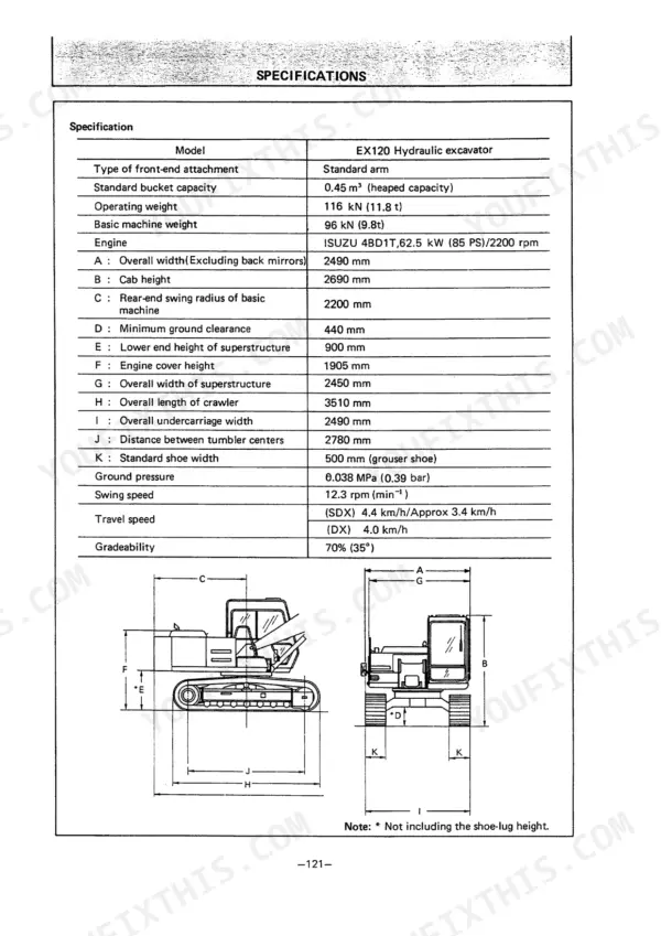 Hitachi EX120 hydraulic excavator specifications table and dimensional diagram showing machine height, width, and clearance.