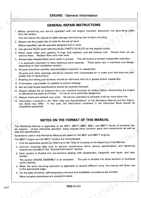 Hitachi EX200-3, EX200LC-3 excavator Engine section general repair instructions and notes on the workshop manual format