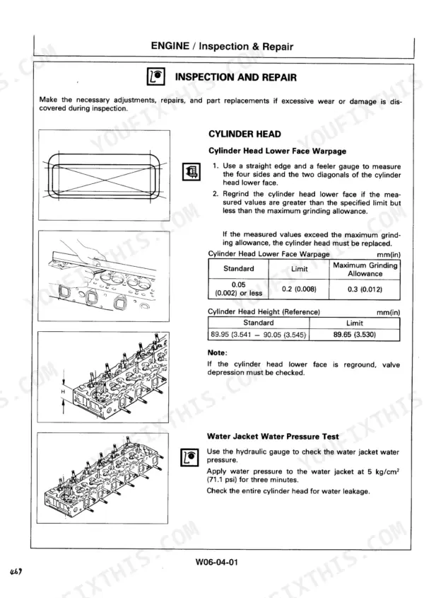 Hitachi EX200-3, EX200LC-3 excavator Cylinder head lower face warpage check with limits and water jacket pressure test