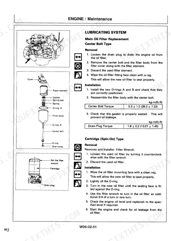 Hitachi EX200-3, EX200LC-3 excavator Engine oil filter replacement steps with exploded filter view and torque values