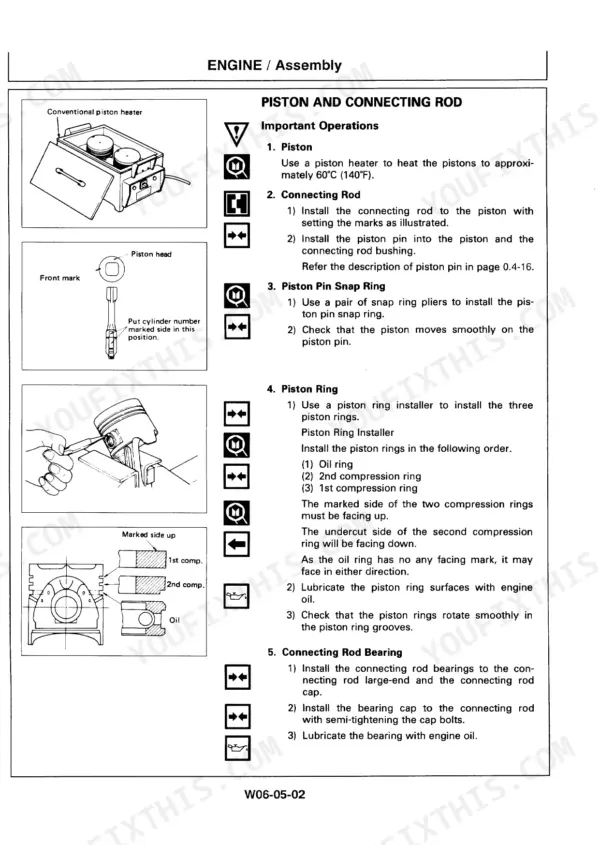 Hitachi EX200-3, EX200LC-3 excavator Piston and connecting rod assembly steps with piston ring installation illustrations