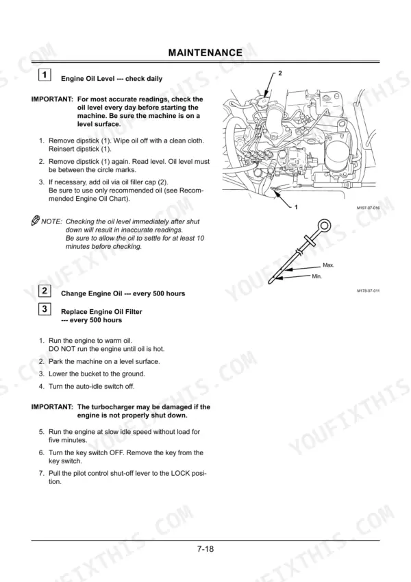 Hitachi ZAXIS 75US maintenance procedure for checking engine oil level and changing engine oil and filter.