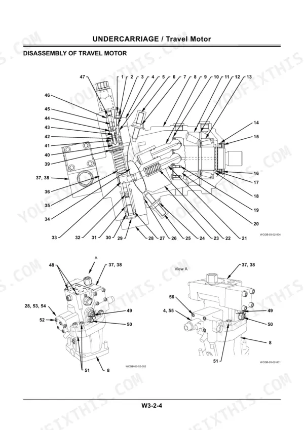 Hitachi ZX140W-3 travel motor disassembly diagram showing numbered components and exploded view of the undercarriage motor.