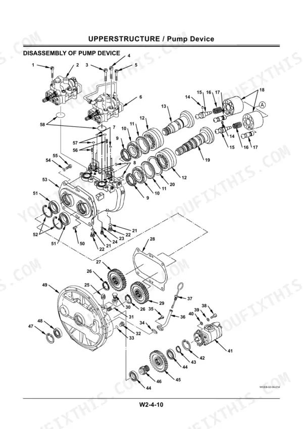 Hitachi ZX140W-3 exploded view diagram for disassembly of the upperstructure pump device and gear assembly components.