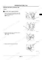 hitachi-zx140w-3-hydraulic-excavator-workshop-manual-wceb-e-00-procedures-67.webp Hitachi ZX140W-3 cab removal procedure showing seat, safety belt, and floor mat removal steps with component diagrams.