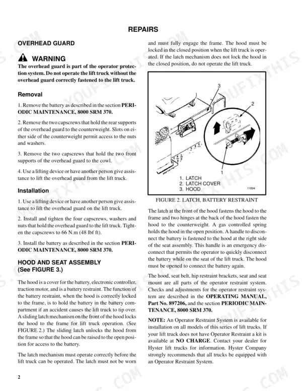 Hyster A1.00XL-N30XMH service manual page showing overhead guard removal, installation procedures, and a battery restraint latch diagram.