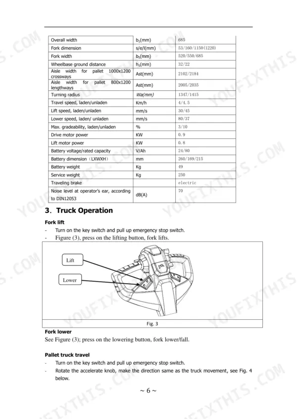 hyster-a3b5-electric-pallet-truck-operator-manual-4245858-operations-8.webp Hyster A3B5 technical specifications table and fork lift operation controls diagram with lift and lower button instructions.