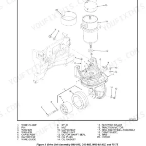 Hyster B60Z, W60Z, W65Z, W80Z, B80Z, B60ZAC, B80ZAC, T5Z, T7Z, C60Z, C80Z, T5ZAC, T7ZAC, C60ZAC, C80ZAC, W30-40ZA, W20-30ZR, W25-30-40ZC, B60ZHD, B80ZHD, B60HD2, B80ZHD2 exploded view of master drive unit assembly, traction motor, and tire.