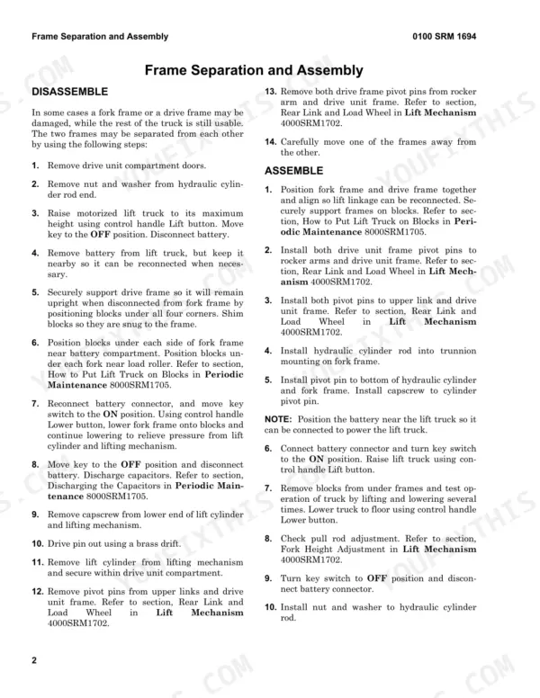 Hyster BE80ZHD, BE100ZHD service manual page detailing frame separation and assembly disassembly procedures.