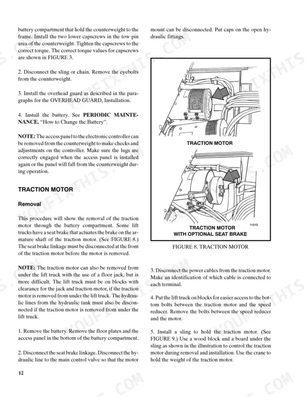 Hyster E1.25XL-J3.00XL service manual: Traction motor removal procedure and diagrams showing motor with optional seat brake.