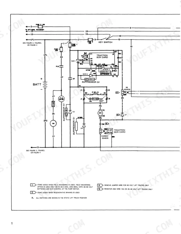 hyster-e1-25xl-variants-electric-lift-trucks-service-manual-620-srm-294-wiring-654.webp Hyster E1.25XL-J3.00XL wiring diagram showing traction SCR card, battery, pump motor, fuses, and field weakening components.