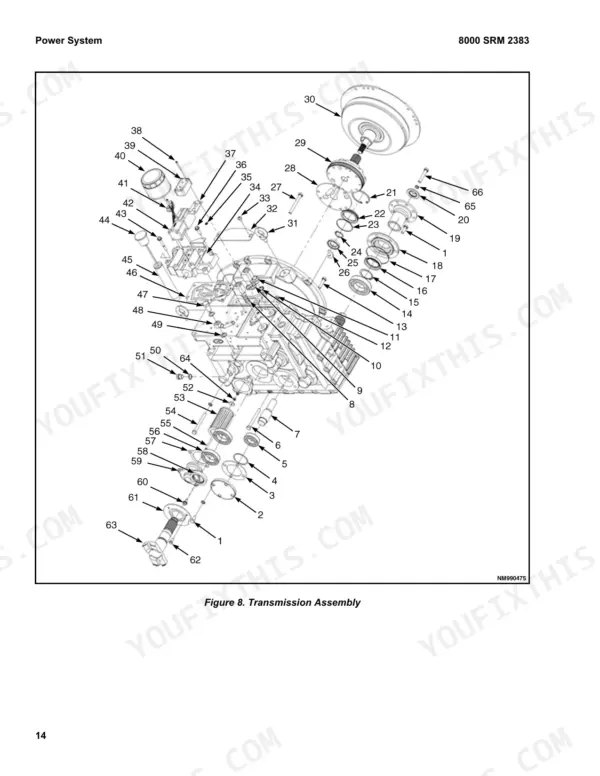 hyster-f1-8ut-4wd-variants-forklift-truck-service-manual-4322486-exploded-view-18.webp Hyster F1.8UT 4WD, F2.5UT 4WD, F3.5UT 4WD, F50UT 4WD, F70UT 4WD exploded view diagram of the transmission assembly components.