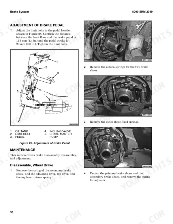 Hyster F1.8UT, F2.5UT, F3.5UT, F4.0UT, F50UT, F70UT, F80UT brake pedal adjustment and wheel brake disassembly procedures.