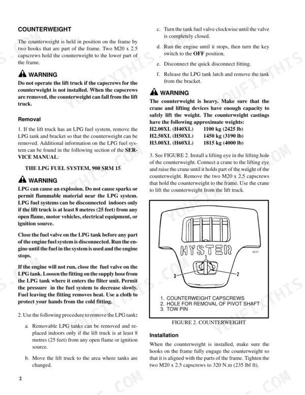 Hyster H2.00XL, H2.50XL, H3.00XL, H40XL, H50XL, H60XL counterweight removal and installation procedures and diagram.