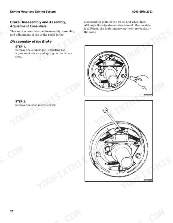 Hyster J1.5UT, J2.0UT, J2.5UT, J3.0UT, J3.5UT brake disassembly and adjustment procedure diagrams showing shoe return spring removal.