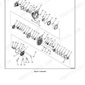 Hyster J1.6UTT–J2.0UTT exploded view diagram of the axle box assembly with numbered component parts list.
