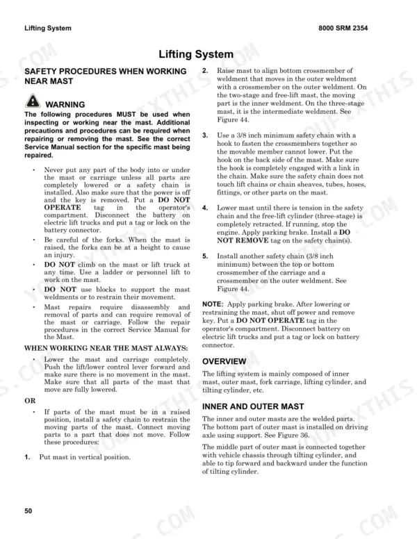Hyster J1.6UTT–J2.0UTT lifting system safety procedures for mast inspection and repair manual page.