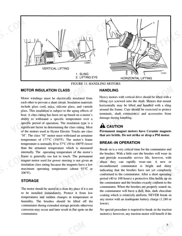 Hyster J25A, J30A, J35A, J30AS manual: motor handling, vertical and horizontal lifting diagrams, and motor break-in procedures.