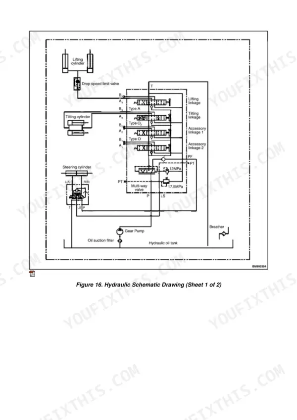 Hyster J30UTT, J35UTT, J40UTT hydraulic schematic showing multi-way valve, gear pump, cylinders, and oil tank connections.