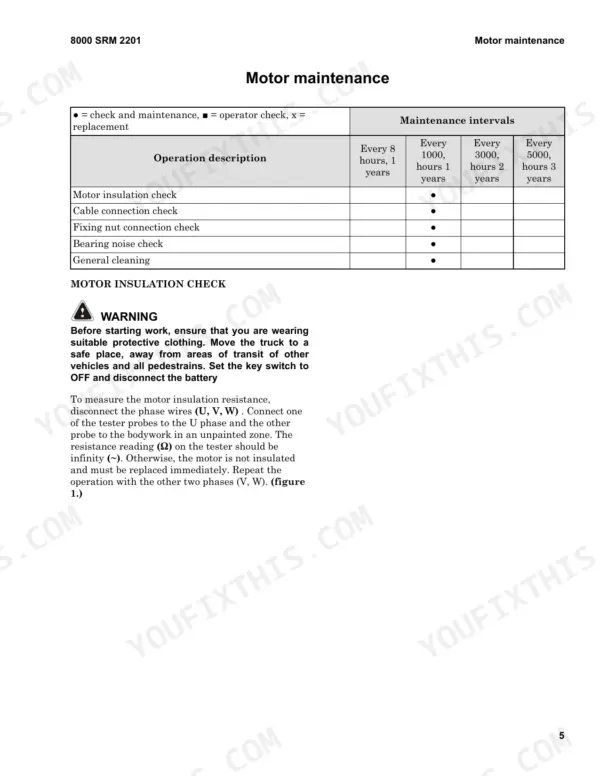 Hyster LO1.0F, LO2.0, LO2.0S, LO2.5, LO5.0T, LO7.0T motor maintenance schedule table and insulation check procedure.