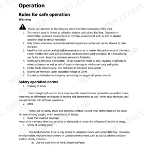 Hyster P1.5UT (A3D1) operator manual page 14 detailing rules for safe operation and safety operation norms.