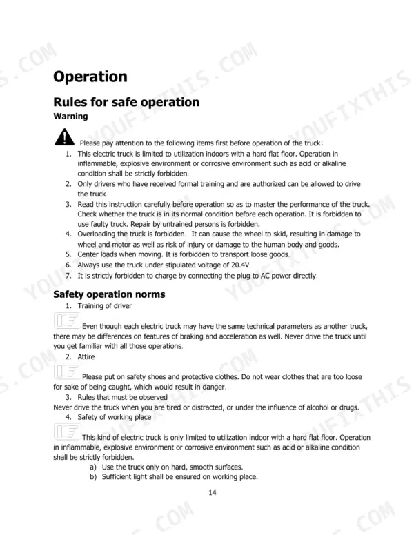 hyster-p1-5ut-electric-pallet-truck-operator-manual-4280001-operations-14.webp Hyster P1.5UT (A3D1) operator manual page 14 detailing rules for safe operation and safety operation norms.