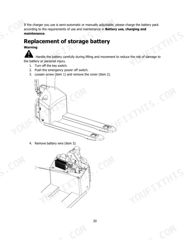 Hyster P1.5UT (A3D1) storage battery replacement procedure with diagrams showing cover and wire removal steps.