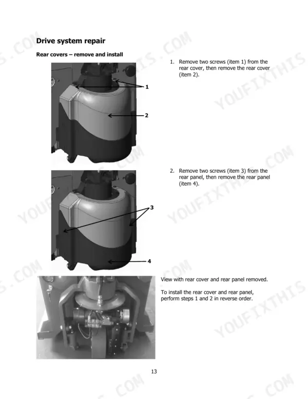 Hyster P1.5UT (A3D1) drive system repair: removing and installing the rear cover and rear panel components.