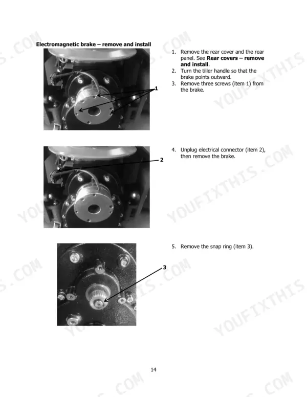 Hyster P1.5UT (A3D1) service manual: electromagnetic brake removal and installation procedure steps and component photos.
