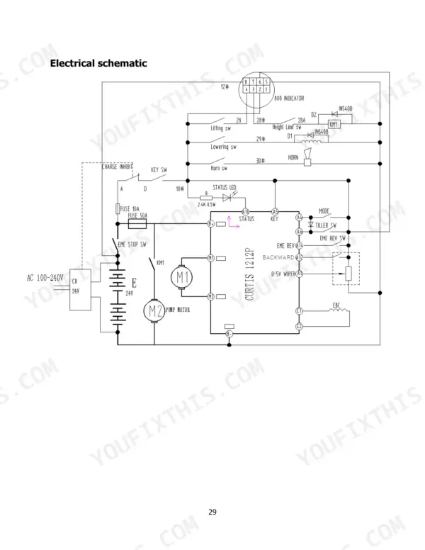 hyster-p1-5ut-electric-pallet-truck-service-manual-4280034-wiring-29.webp Hyster P1.5UT (A3D1) electrical schematic showing Curtis 1212P controller, pump motor, battery, and switch circuits.