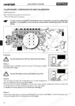 Hyster P1.8, P2.0, P2.0L, P2.2 tiller board configuration and calibration procedure with circuit board diagram.