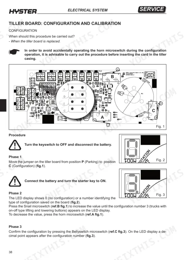 Hyster P1.8, P2.0, P2.0L, P2.2 tiller board configuration and calibration procedure with circuit board diagram.