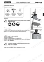 Hyster P2.0SE service manual procedure for unloading the truck using a bridge crane and lifting slings.