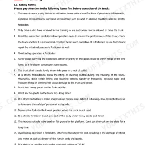 Hyster P2.0UTS operation manual page listing 16 safety norms and warnings for electric pallet truck operation.