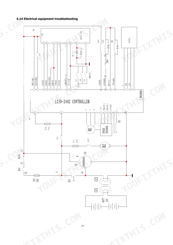 Hyster P2.0UTS electrical troubleshooting wiring diagram showing 1230-2402 controller, battery, motors, and contactors.