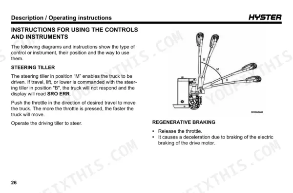 Hyster PC1.5, PCS1.5UT operating instructions for steering tiller positions M and B and regenerative braking system.