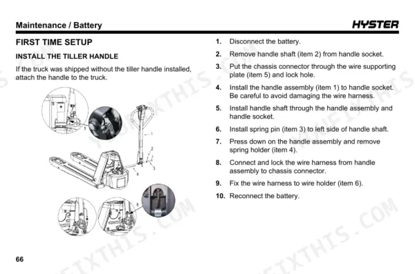 Hyster PC1.5, PCS1.5UT maintenance procedure for first time installation of the tiller handle assembly with numbered steps.
