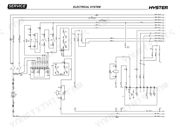 hyster-r1-0e-r1-2e-r1-4e-retractable-truck-service-manual-4217108-wiring-106.webp Hyster R1.0E, R1.2E, R1.4E electrical system wiring diagram showing relays, fuses, and controller connections.