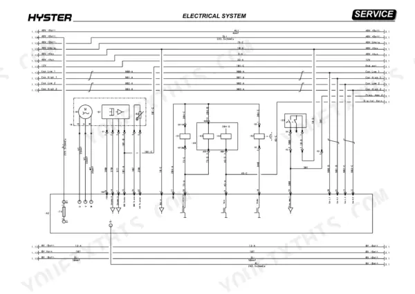 Hyster R1.0E, R1.2E, R1.4E electrical system wiring diagram showing motor, controller, and sensor connections.