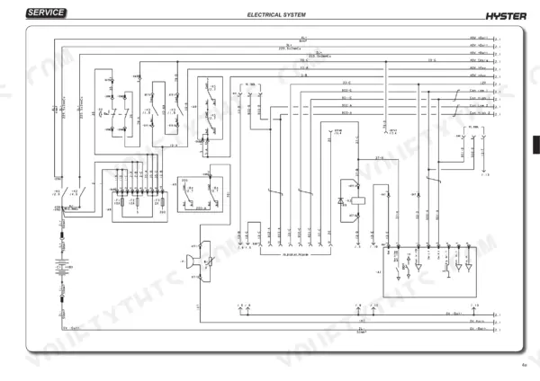 hyster-r1-4-variants-retractable-truck-service-manual-4065749-wiring-113.webp Hyster R1.4, R1.6N, R1.6, R1.6HD, R2.0, R2.0HD, R2.5 electrical system wiring diagram showing relays, connectors, and display circuits.