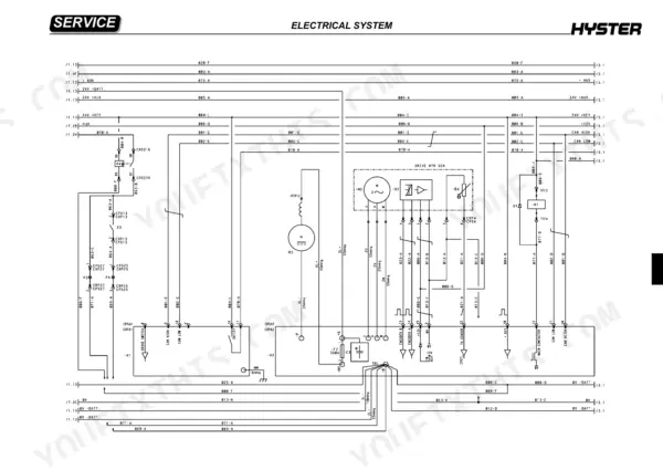 Hyster RS1.6N electrical system wiring diagram showing drive motor sensor, contactors, and controller connections.