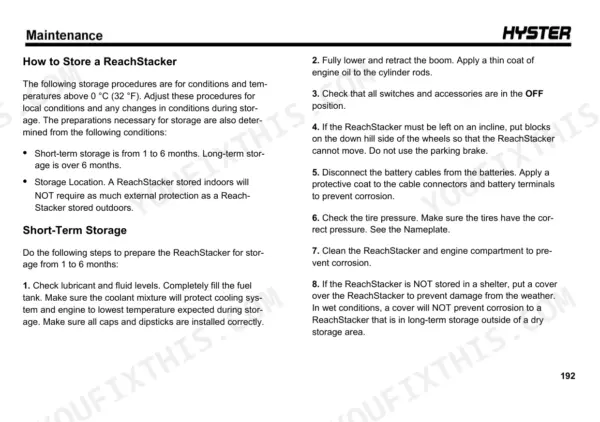 Hyster RS45-27CH, RS45-31CH maintenance manual page detailing short-term storage procedures for the reach stacker.